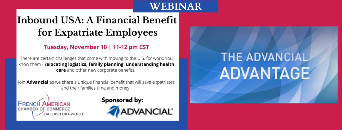 FACCdfw's tweet photo. {Webinar 11.10.20} Global HR Series: Inbound USA: A Financial Benefit for Expatriate Employees

Sponsored by @advancial 

📍SIGN UP TODAY: https://t.co/80KvwNqBZE https://t.co/f3FlcEjChd