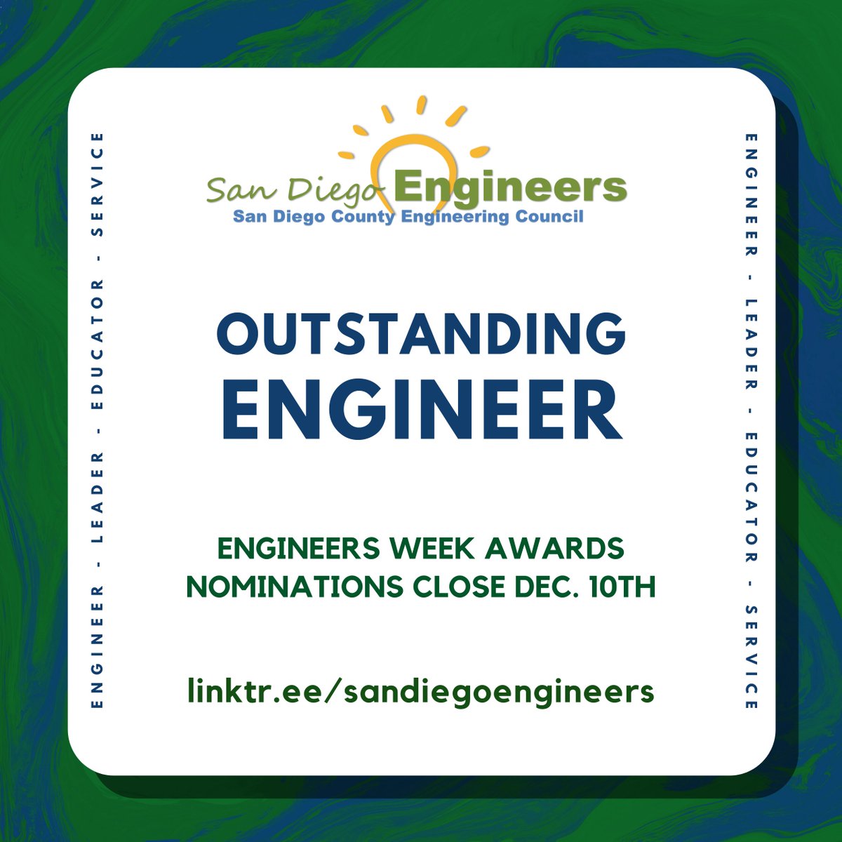 SDEngineers's tweet photo. Do you know an engineer who makes significant technical contributions that led to innovative new approaches to thinking about and solving problems in an engineering field in San Diego? Nominate them today! See details in https://t.co/zDtn0caQB1
#SDCEC #SanDiegoEngineers #Awards https://t.co/Jlyza6kOM0