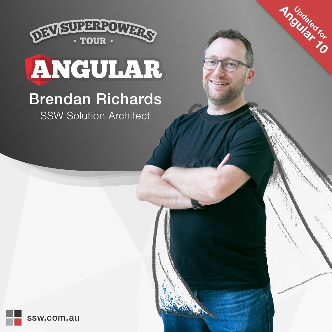 SSW_TV's tweet image. Introducing our ONLINE Angular Superpowers Tour presenter, Brendan Richards @BrendanSSW.
He is a passionate Solution Architect with almost 20 years of professional experience. Join our #AngularSuperpowers on November 13:
RSVP ➡️ r.ssw.com/AngularSuperPo…
#Angular #dotNETCore