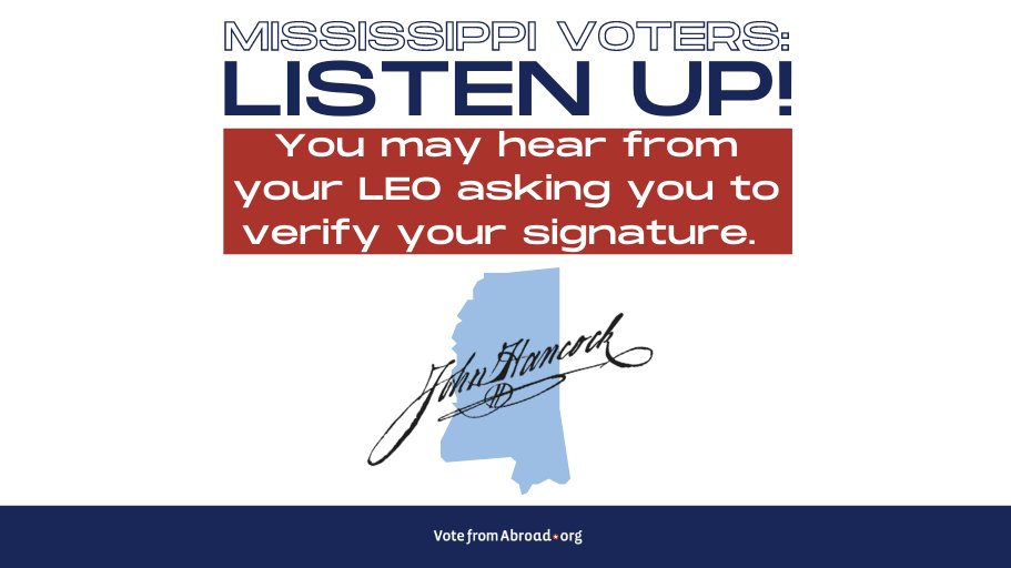 vfaglobal's tweet photo. Attention Mississippi voters! If there's an issue with the signature on your ballot, your LEO will email you to ask you to "cure" your ballot. The deadline is November 13th. Find out more here: https://t.co/dp0uDCjG6Q #MSelection #voteremote #Americansabroad https://t.co/YyHBYCN6Y0