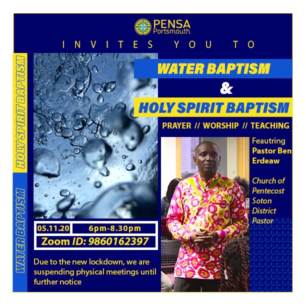 Evening guys! We are having bible study tomorrow on Water &amp; Spirit Baptism. We have been instructed by <a href="/portsmouthsu/">UPSU</a> to not have any physical meetings due to new government lockdown. Join us for a great time in God's presence on Zoom. Stay safe &amp; stay indoors as much as you can