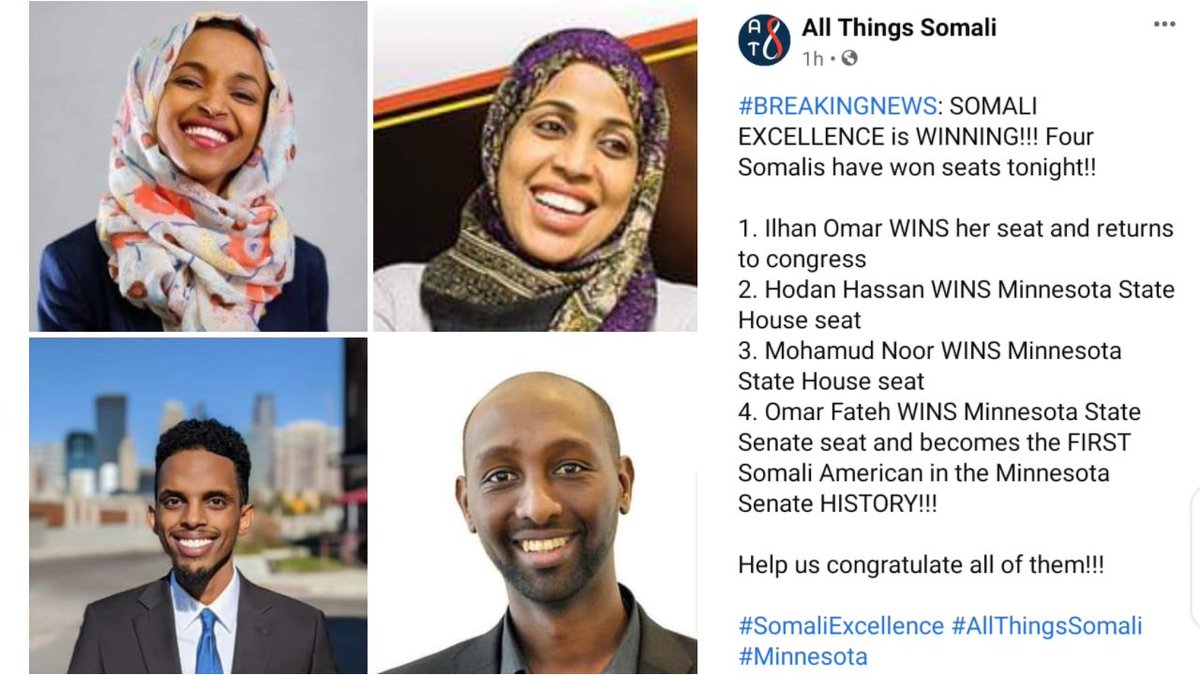SyedCuboidRahim's tweet photo. 4 Somali Muslim politicians elected in the US elections (M'A & Congratulations)
#VisibleRolemodels #BAME
@AllThngsSomali @IlhanMN @RepHassan @OmarFatehMN @mohamudnoor https://t.co/4sFx0KNjYb