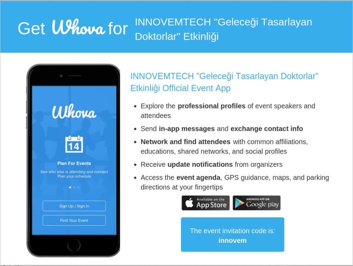 innovemtech's tweet photo. InnovEMtech 'Geleceği Tasarlayan Doktorlar' sempozyumu için son gün! Resmi etkinlik mobil uygulaması olan @WhovaSupport'u indirmeyi unutmayın. Ücretsiz kayıt için https://t.co/DfW78E7x5w adresini ziyaret edin! #innovem @TrTATD https://t.co/3nN2fVpLKX