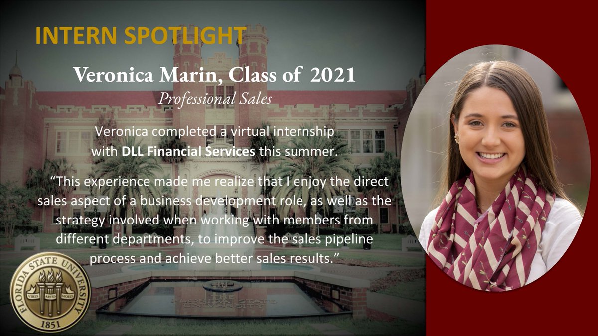FSUCPS's tweet photo. INTERN SPOTLIGHT featuring Veronica Marin. Veronica was part of @FSUBizInterns inaugural #virtualinternship program this summer with @DLLgroup.
#InternSpotlight #SeminoleSuccess #DLLgroup #WednesdayWisdom https://t.co/prxfKttPe4