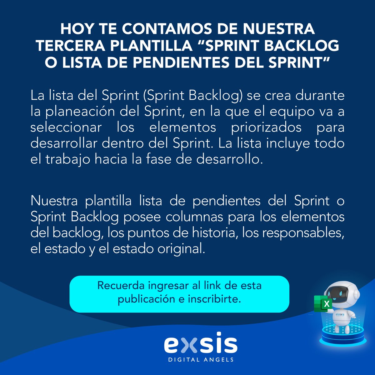 Exsisdigital's tweet photo. Conoce más de nuestra tercera plantilla “Sprint Backlog”. Con ella, podrás crear y realizar seguimiento a las tareas asignadas durante el desarrollo del sprint, Inscríbete y descarga tus plantillas.

👉🏼 https://t.co/kJq3T3faha

#ExsisDigitalAngels #TransformaciónDigital #Agilismo https://t.co/flqPKhB3Iu