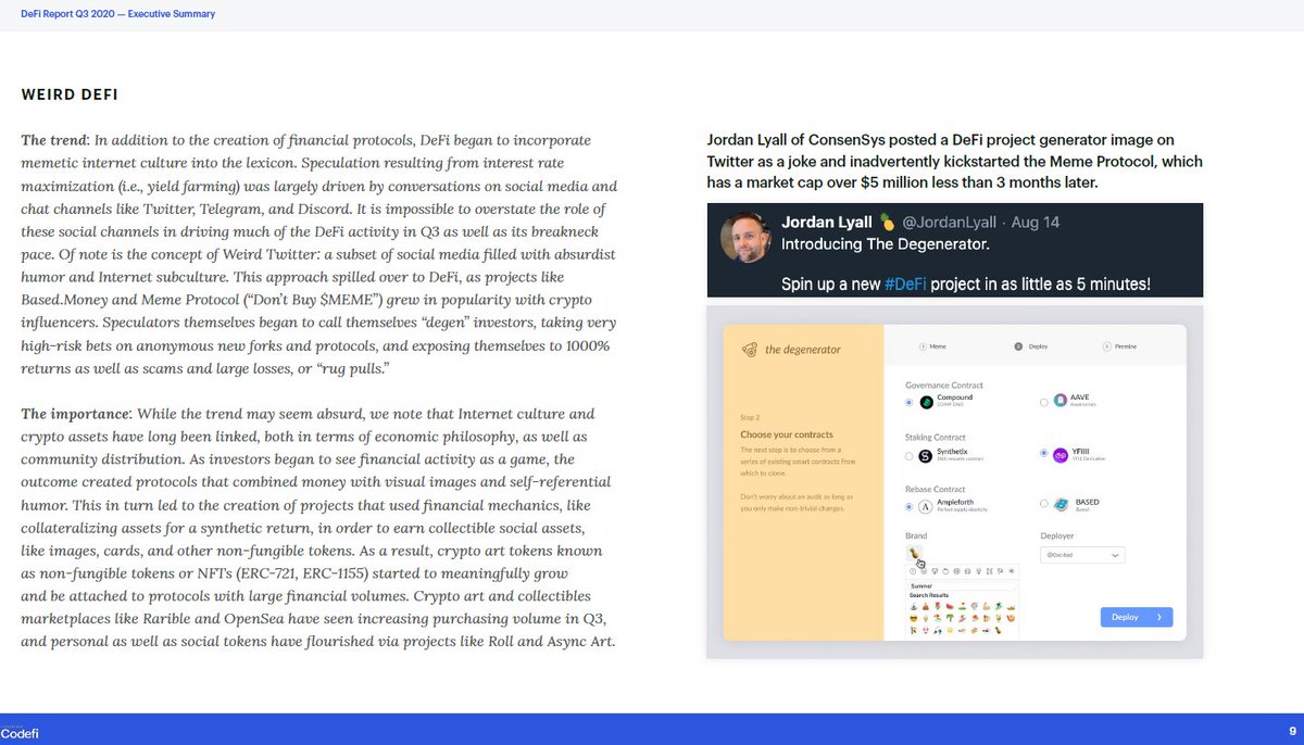 CoinDesk's tweet photo. .@ConsenSys Q3 report on the performance of the Ethereum DeFi ecosystem cites “weird DeFi” as one of the four big trends of the quarter - agreeing with @BradyDale’s reporting on the rise of meme-driven movement:

https://t.co/QbvS0JtXm5 https://t.co/vWFwhedDd6