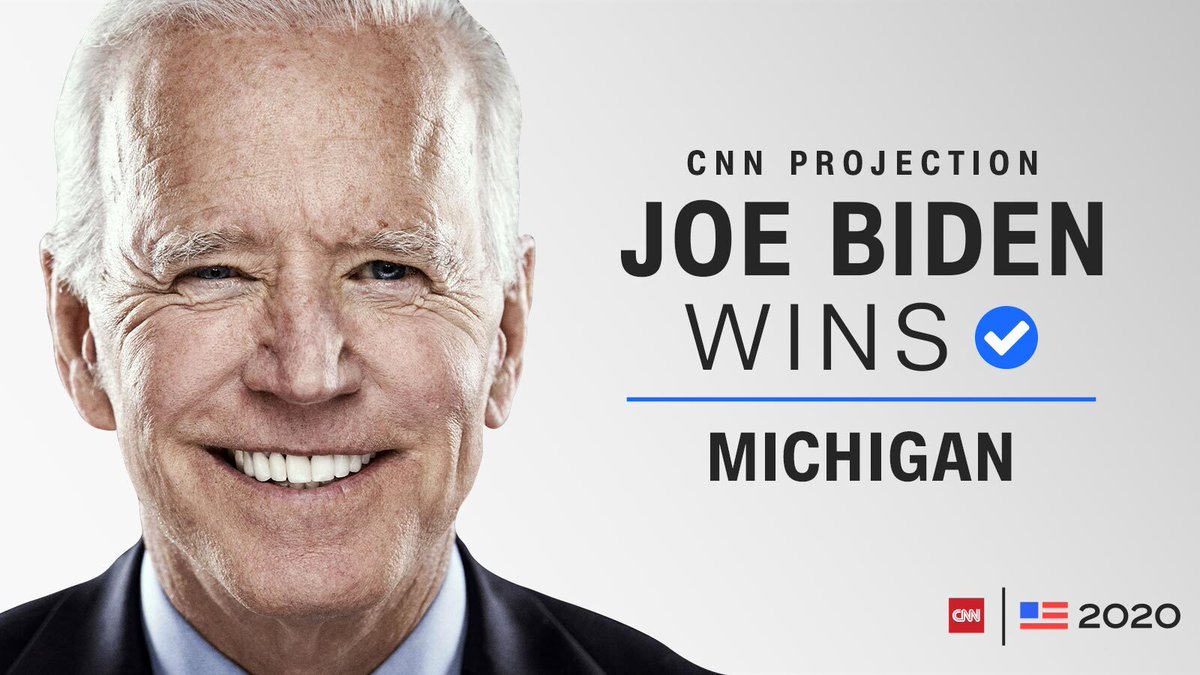 CNN's tweet photo. CNN PROJECTION: Joe Biden wins Michigan, reclaiming another "blue wall" state President Trump won in 2016 and narrowing Trump's path to 270 electoral votes https://t.co/ahAuTVs5kN #CNNElection https://t.co/INkHwki02Z
