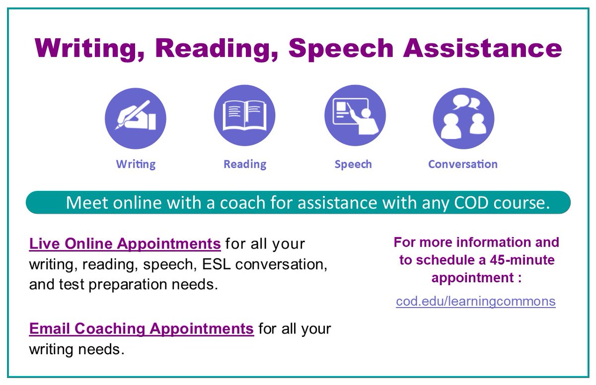 TASC_COD's tweet photo. Plan ahead and be prepared for your appointments with Writing, Reading, Speech Assistance by reviewing our coaching policies found here https://t.co/0KeLT8N7QN
Use the link in our bio to schedule WRSA appointments.
#CODLearningCommons #WRSAWednesday #ChapsUnite https://t.co/gyOJR6ikFu