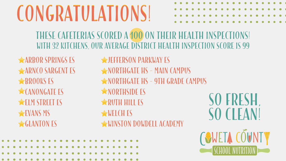 Did you know our kitchens are regularly inspected by the health inspector 2 times per year?! &amp; our average district health inspection score is 99!

Help us in congratulating the kitchens below who received a PERFECT health inspection score! #SoFreshSoClean
