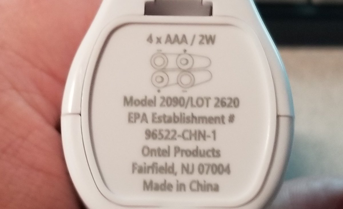 So this is the Ontel Products "Safe & Healthy" Model 2090. It takes 4 AAA batteries, which aren't included.