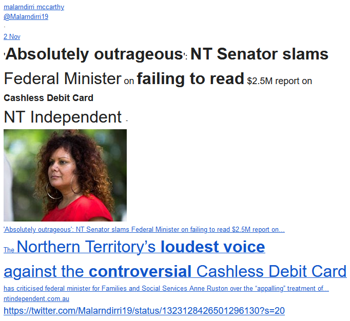 WgarNews's tweet photo. @philreid55 @lynlinking @xskinn @thesayno7 @Malarndirri19 @SenatorSiewert @CartwheelPrint @01000011CS @BakchosGlass @anne_clothier @LindaBurneyMP @elisejklein @BethanyinCBR @Surfiniae @ThePix_isYugen @FatherBob @favfavalore @georgina_116 @virgotweet @twtrrr @notowelfarecard @L_DeWeaver @nobby15 @Michz45 '#AbsolutelyOutrageous': #NTSenator #MalarndirriMccarthy @Malarndirri19 #Malarndirri19 #slamsFederalMinister on #FailingToReadReport on #CashlessDebitCard aka #AgeWarfareCard #GenderWarfareCard WGAR
#APONT #LynLinking https://t.co/mhGD9RZ8VH cc @geoffrey_payne @exquisite_xqsit https://t.co/HKgnHA99FH