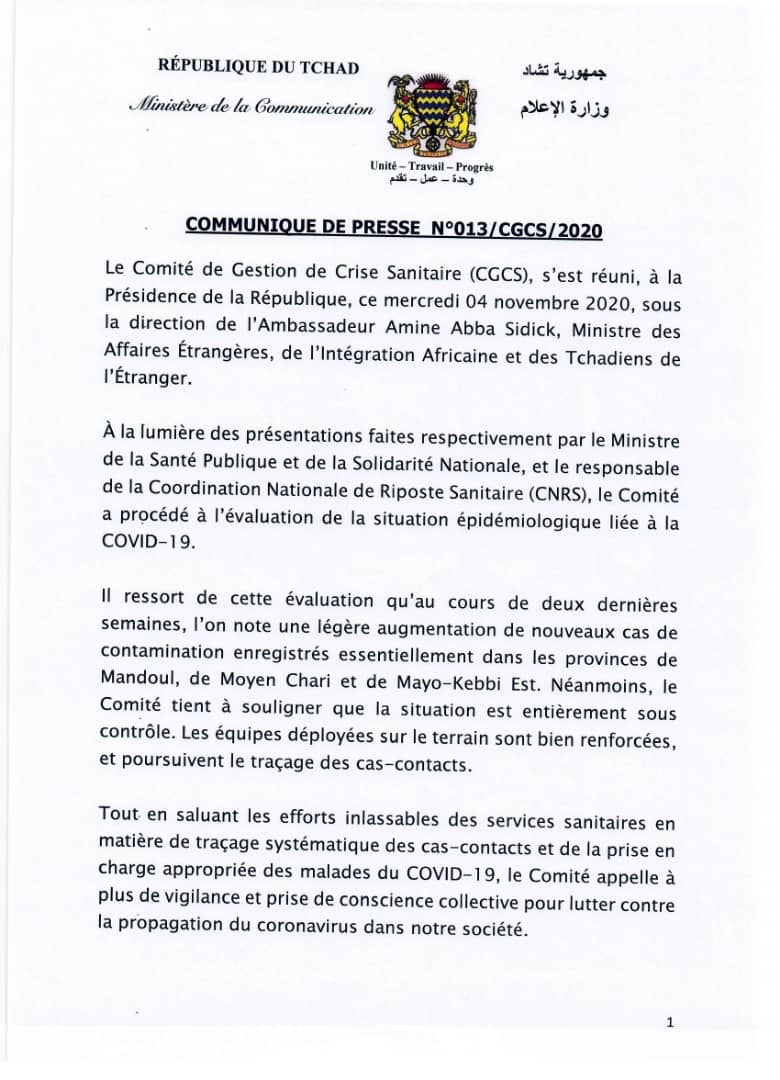 Cherif_MZ's tweet image. Communiqué de presse de la réunion du #CGCS #COVID19 #Tchad tenue ce mercredi après-midi.