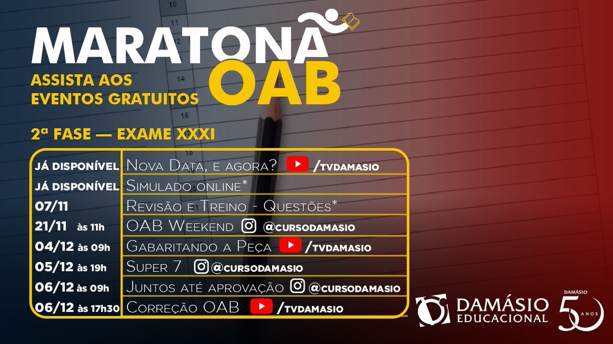 DamasioBrusque's tweet photo. Vem aí nossa Maratona OAB, uma agenda recheada de revisões gratuitas que vão auxiliar muito em sua preparação para a prova do fim do ano.
.
Em breve inscrições abertas!
.
DAMÁSIO BRUSQUE
WhatsApp (47) 98411-9115
.
#oab #advogado #advogada #examedeordem #oab2fase #aquiedamasio https://t.co/NWqjf35EQC