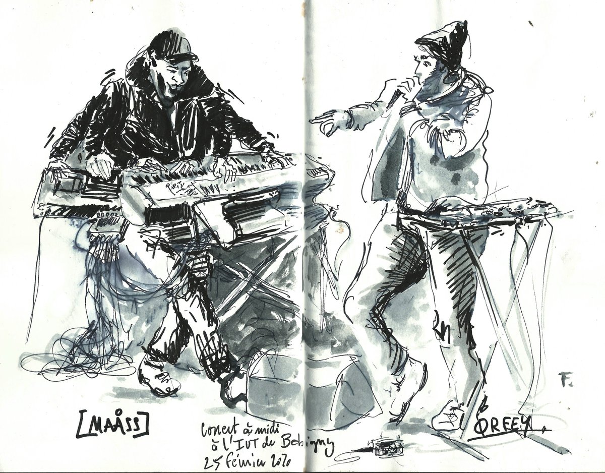 Jamesforwane's tweet photo. Concert electro - rap à l'université retour en dessin sur le premier concert 2020 avec le service culturel! un bon son à la fac 🙂 #POTSIKEI #orfey #avantleconfinement #croquisdeconcert #iutdebobigny https://t.co/16D6blsvKQ