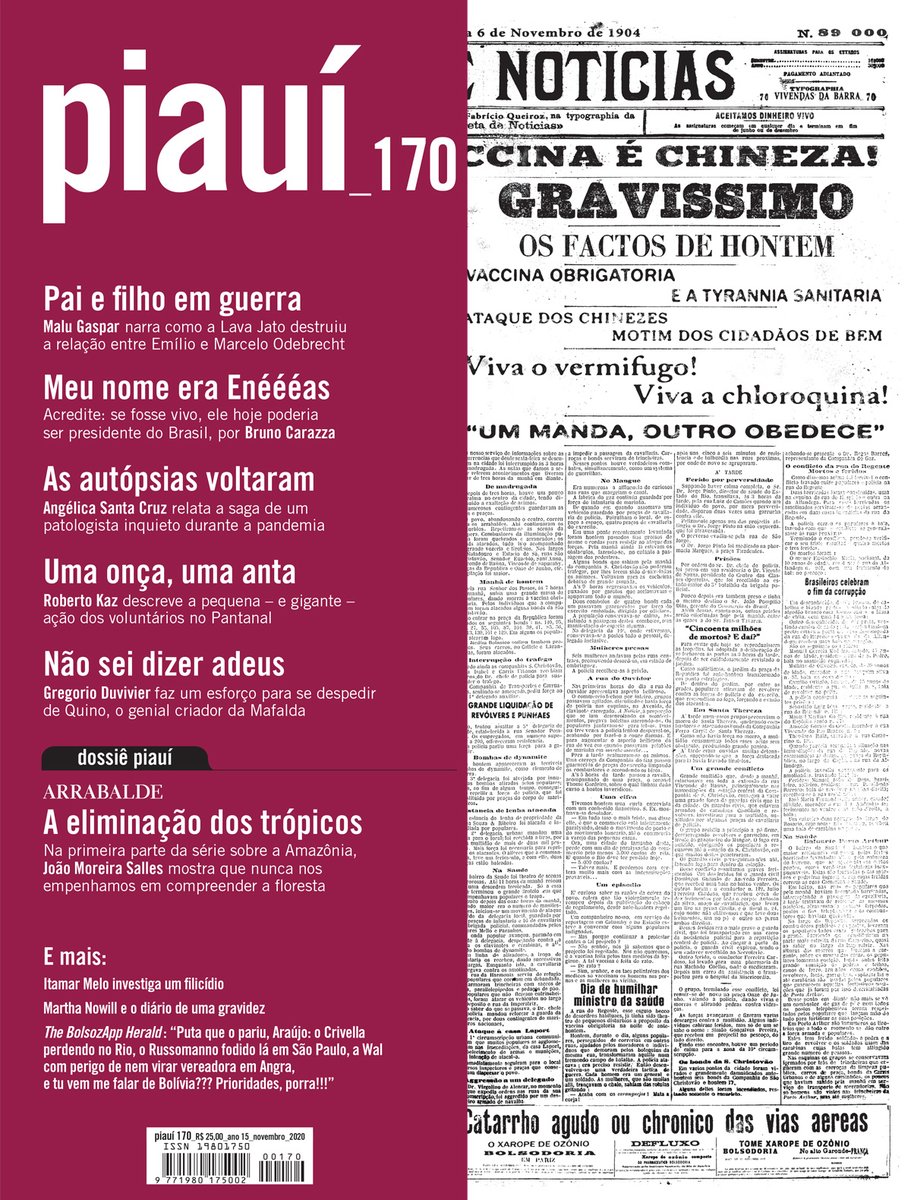 revistapiaui's tweet photo. A revolta da vacina em tempos bolsonaristas: eis a capa da piauí_170, inspirada na primeira página da edição de 15 de novembro de 1904 do jornal Gazeta de Notícias. A edição estará disponível aos assinantes no site e app nesta sexta-feira. https://t.co/rk0MOQY6Hb