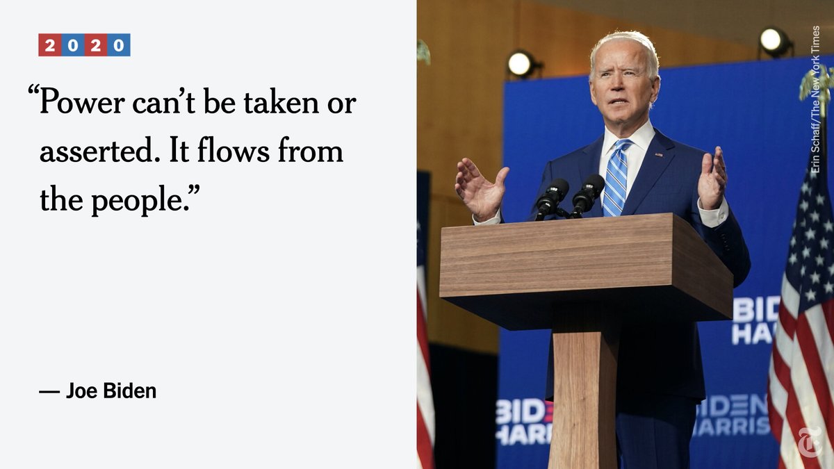 nytimes's tweet photo. Joe Biden said on Wednesday that it was “clear” that he would reach the necessary 270 electoral votes, though he stopped short of claiming victory in the race for the presidency. https://t.co/ZyJ8rKIDPM https://t.co/yPymezjRQy