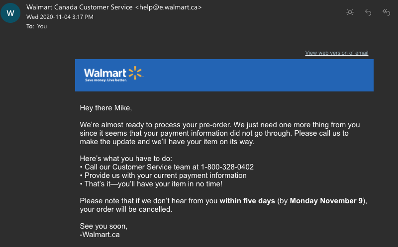 MikevBreton's tweet photo. Hey @WalmartCanada .   Please help me.  I've called your 800 number several times to update my CC info for my #PS5 Pre-order and they say that can't do it, despite the emails I'm getting from you saying otherwise.  Please don't let me miss out on https://t.co/1LlmQgXt8Q
