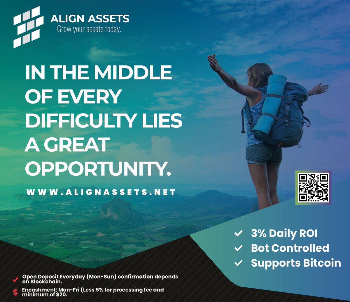 AlignAssets's tweet image. Turn all the difficulties into a positive opportunity. You have to win the battles. 
Inquire now with Align Assets!
Grow your assets today.
#alignassets #automatedtrading #bottrading #Bitcoin