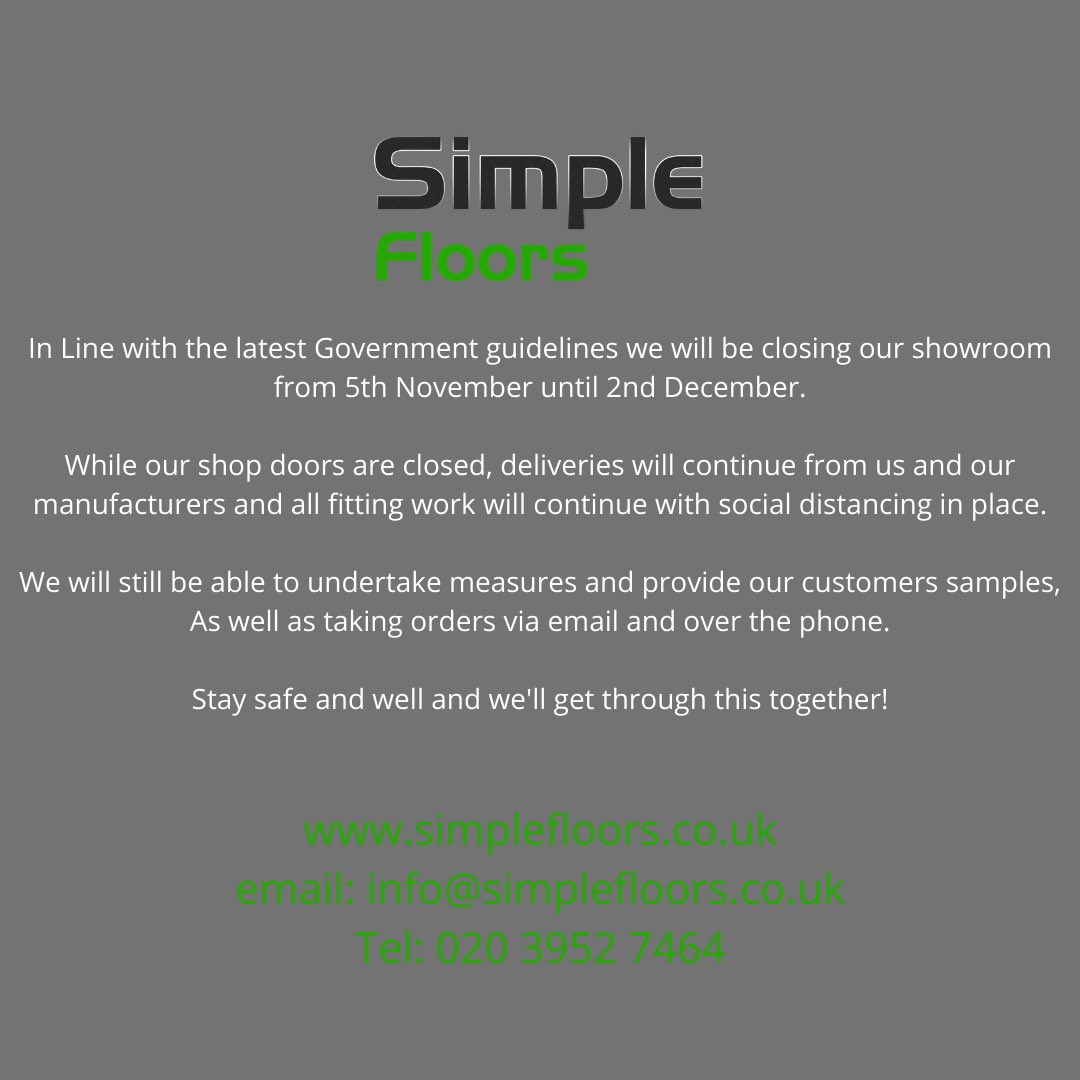 UPDATE! 😢

In Line with the latest Government guidelines we will be closing our showroom from 5th November until 2nd December.