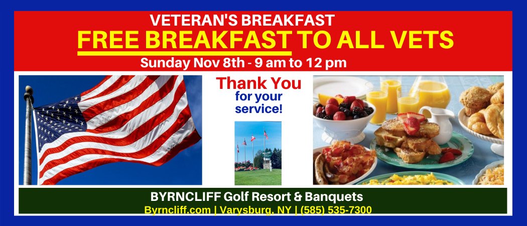 This is GOLF Weekend to allow you to: 1. Think about Something else, Relax, Unwind and 2. Play your Favorite Game with 70 degree weather!! Not everyday in November - Take advantage and Call Quick To Reserve! (585) 535-7300 #byrncliff Free Breakfast to Veterans on Sunday!