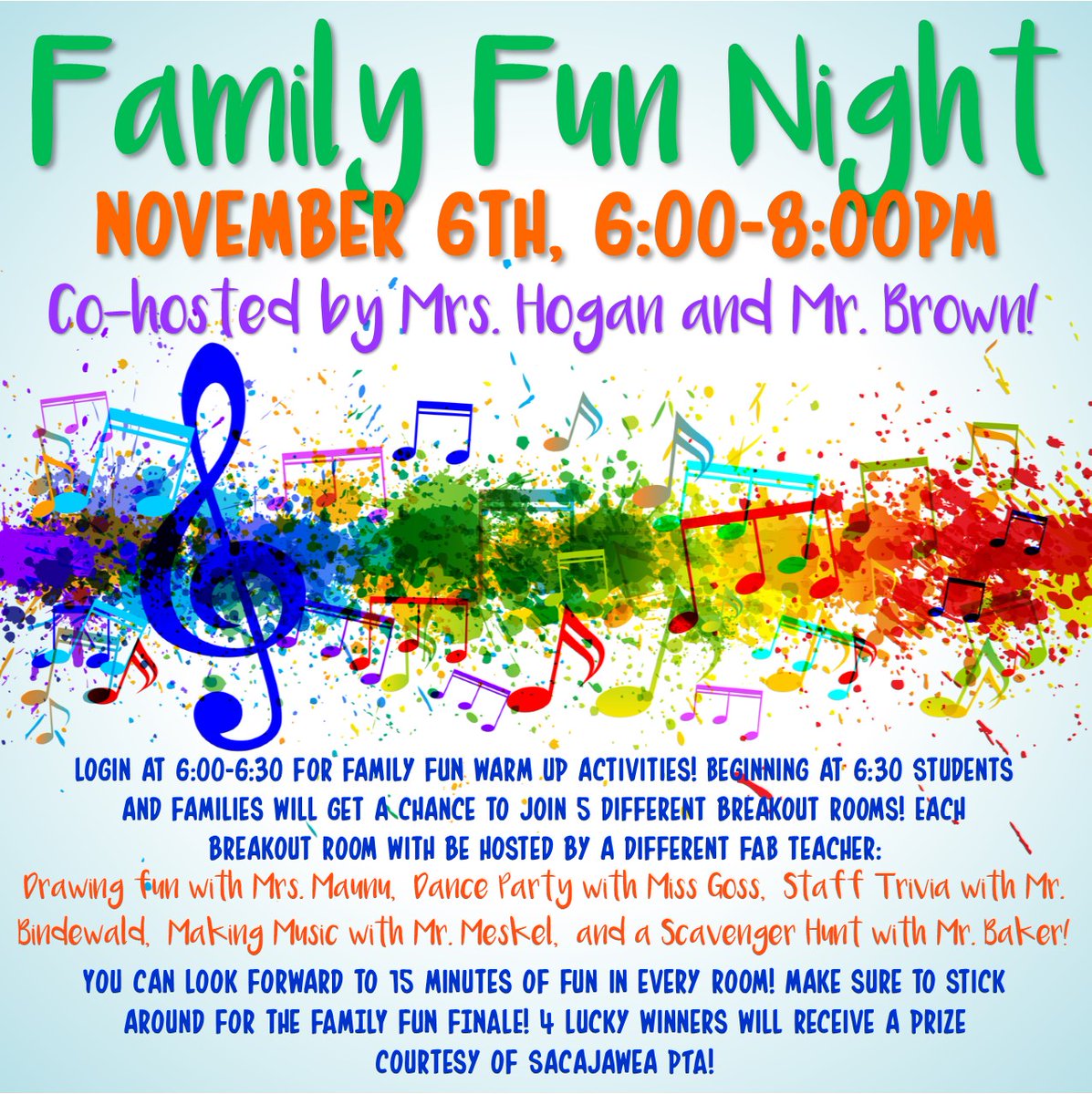 Join us for a Family Fun Zoom Night on Nov. 6th @ 6pm! Families can join 5 different breakout rooms: Drawing fun w/Mrs. Maunu, Dance Party w/Miss Goss, Staff Trivia w/Mr. Bindewald, Making Music w/Mr. Meskel, &amp; a Scavenger Hunt w/Mr. Baker! Stick around for the FINALE &amp; prizes!