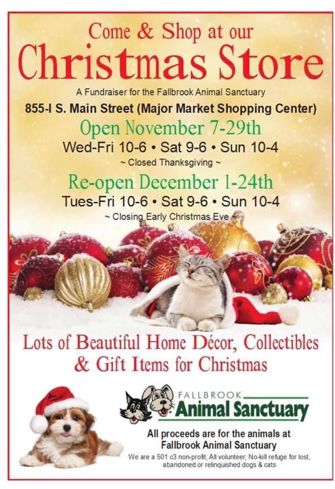 FallbrookAnimal's tweet image. Save the date! The FAS Annual Christmas Store will have its Grand Opening on Saturday, Nov. 7th at 10:00 am. This is our BIGGEST fundraiser of the year so we look forward to seeing everyone 🎄
COVID19 precautions and protocols will be in place for everyone’s safety.