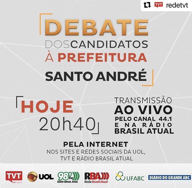 Hoje, 20h40. É na disputa da ideias e propostas que vamos vencer e fazer Santo André ser feliz de novo! Acompanhem. #PrefeitaBeteSiraque13