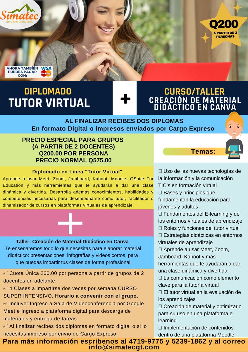 simatecgt's tweet photo. ‼️Excelentes Noticias‼️ Diplomado Tutor Virtual👩🏻‍💻👨🏻‍💻 -  Oferta Especial Para Docentes Q200.00 por persona para grupos de 2 docentes en adelante 🙌https://t.co/fiuEio6KDL https://t.co/ppkrB4rIVZ