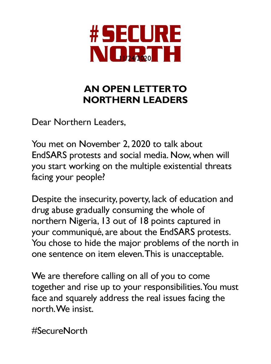 el_uthmaan's tweet photo. AN OPEN LETTER TO NORTHERN LEADERS CONCERNING THE RAGING INSECURITY THE REGION IS FACING.  

Reweet aggressively till they get this message. #SecureNorth https://t.co/dx7oUutB52