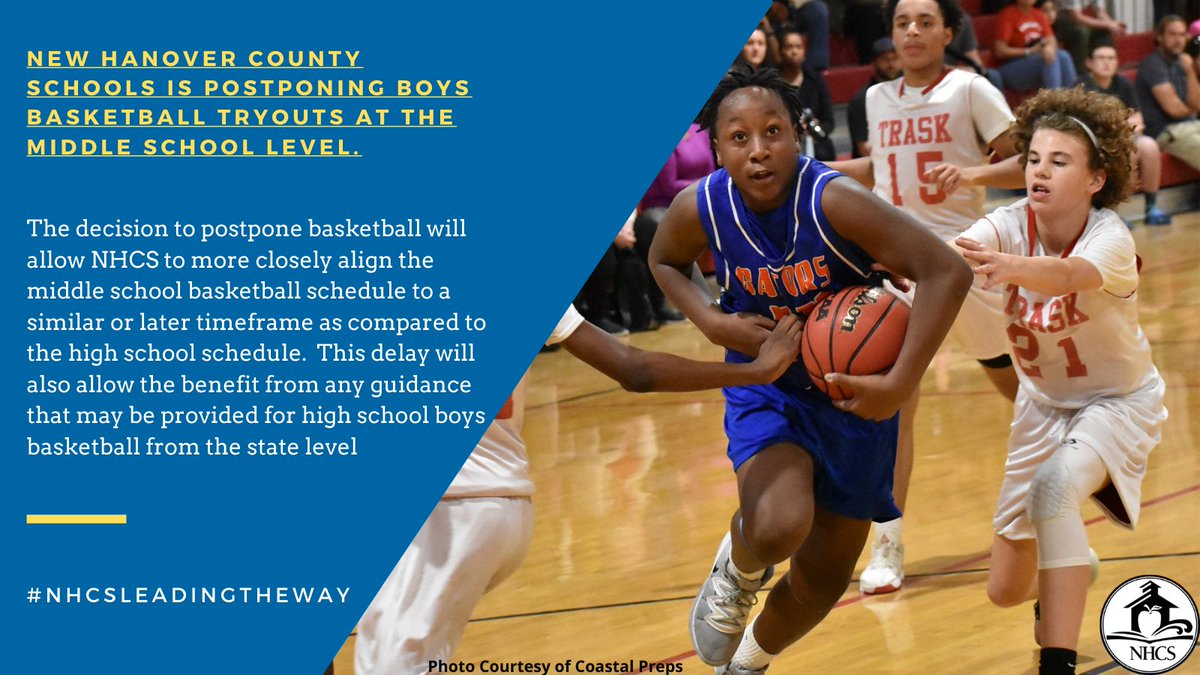 NewHanoverCoSch's tweet photo. New Hanover County Schools to postpone the start of middle school boys basketball. #nhcschat #nhcsreadysetreturn https://t.co/fvPLm7Mdfe