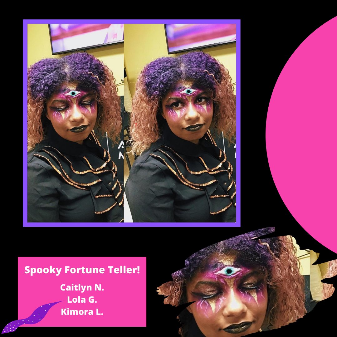 BmoreAveda's tweet photo. Presenting the winner of the Instagram special effects contest:

The Spooky Fortune Teller Group
Caitlyn N.
Lola G.
Kimora L.

Congratulations! #tagyourfriends

#avedainstitute #avedainstitutemaryland #avedainstitutemd #aveda #halloween #specialeffectsmakeup #makeupartist #glam https://t.co/U4raVBLdvz