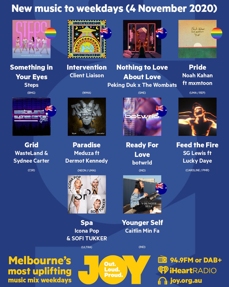 JOY949MD's tweet photo. (1/2) #NEWMUSIC TO @JOY949

👀 @OfficialSteps 🏳️‍🌈
👍 @clientliaison 🇦🇺
🙅‍♂️ @pekingduk &amp; @thewombats 🇦🇺
🤩 @NoahKahan &amp; @mxmtoon 🏳️‍🌈
⛰ @WasteLandMusic &amp; @SydneeeCarter 🇦🇺

Check out more at https://t.co/xsp8mDZ7Ka https://t.co/AMRqNBJ6jB