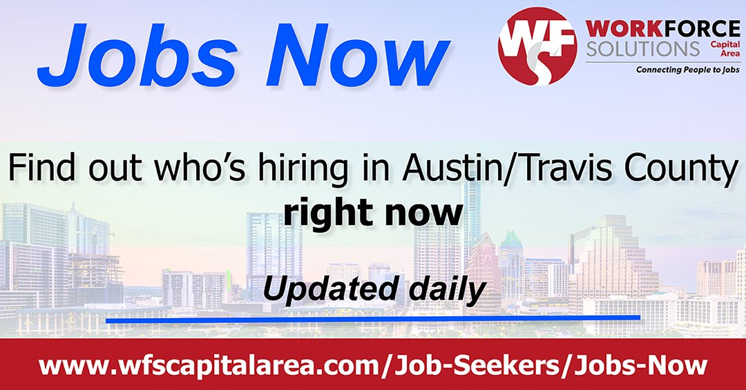 wfscapitalarea's tweet photo. Looking for immediate work in Austin? ๐โโ๏ธ
Visit Jobs Now! ๐
2,000+ openings for 3,000+ positions all around Austin ๐
Get started ๐ https://t.co/Ao6QipJH3q
#standwithaustin #covid19 #newjob2020 #jobsearch #careersearch #worksearch https://t.co/5v2XjNA0bl