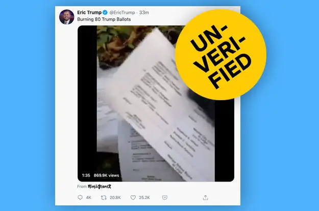 9. A video claiming to show someone burning Trump ballots is very sketchy. It was amplified by Eric Trump.Some of the first instances were promoted by anonymous accts, one of which was suspended from Twitter after our inquiry. More here: https://www.buzzfeednews.com/article/janelytvynenko/election-rumors-debunked#125901754