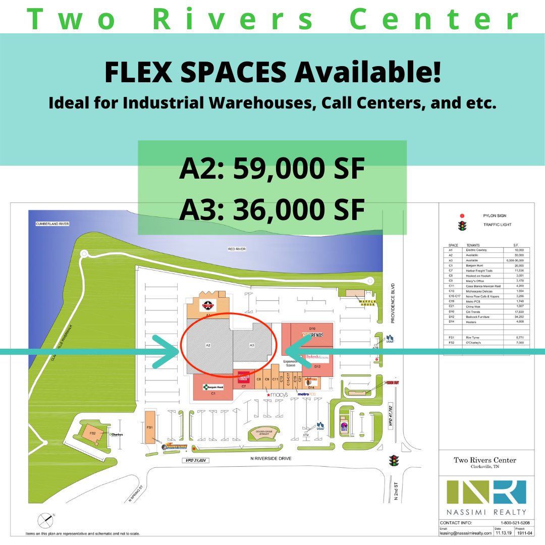 NassimiRealty's tweet photo. 📍Two Rivers Center-Clarksville, TN
FLEX Spaces Available!
▫️A2: 59,000 SF
▫️A3: 36,00 SF
These two spaces are ideal for industrial warehouses, call centers, and etc. DM or email us at leasing@nassimirealty.com to learn more!
#cre #nassimirealty #tworiverscenter https://t.co/pmRwiOLVbI
