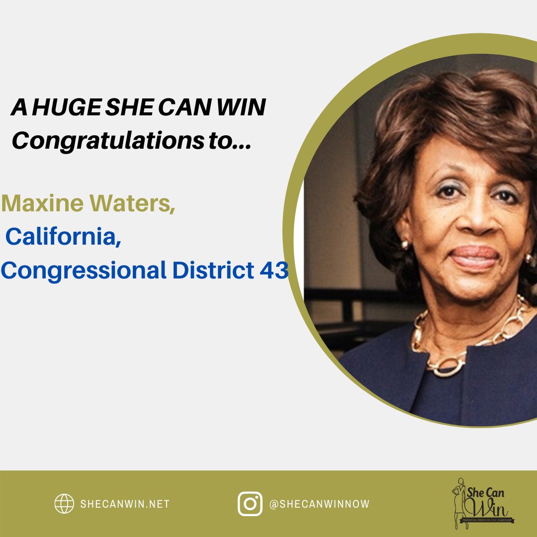 She_Can_Win's tweet photo. Congratulations to @RepMaxineWaters on her re-election! #shecanwin https://t.co/z5Lhi7487b