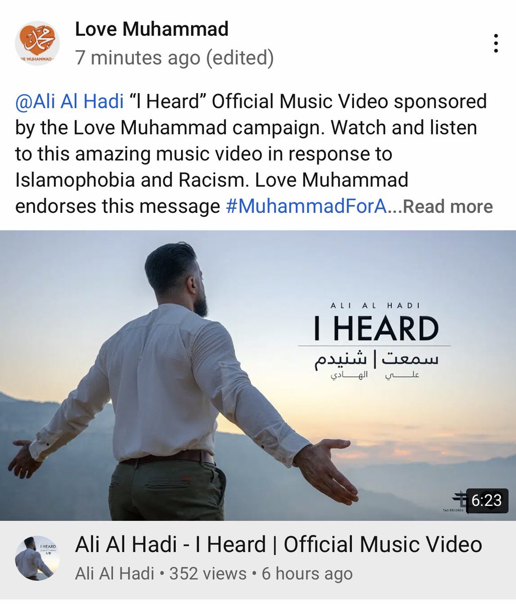 WeLoveMuhammad's tweet photo. “l Heard” Official Music Video by artist Ali Al Hadi sponsored by the Love Muhammad campaign. Watch and listen to this amazing music video in response to #Islamophobia and #Racism. Love Muhammad endorses this message #MuhammadForAll #LoveMuhammad 

https://t.co/v4dUagfmFu https://t.co/9OrO4PoqpC