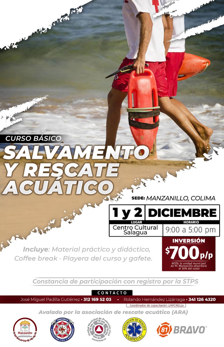 CivilBomberos's tweet photo. La unidad municipal de protección civil y bomberos manzanillo en coordinación con la asociación de rescate acuático (ARA) te invitan al CURSO BASICO DE SALVAMENTO Y RESCATE ACUATICO 

✔️¡Reserva con solo $200.00

La UMPCMZLLO absorberá el 50% del costo.

#PCManzanillo https://t.co/ntUaQuRaUZ