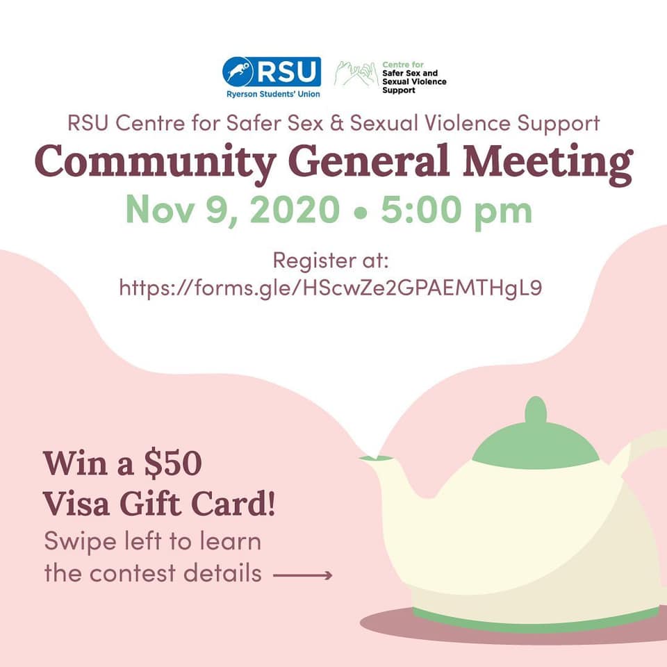 ruc3svs's tweet photo. Register for the Centre for Safer Sex &amp; Sexual Violence Support's Community General Meeting here: https://t.co/3mPspXCR0k
&amp; visit our Instagram (@ruc3svs) to enter to win a $50 Visa Gift Card https://t.co/DLNM2vaigi