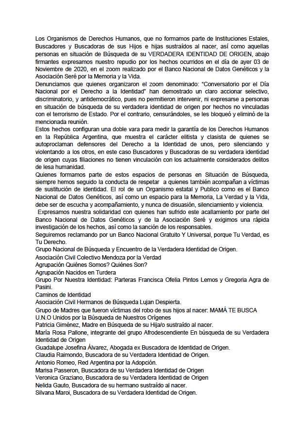 TotyFlores's tweet photo. Repudio los hechos ocurridos ayer en el “Conversatorio por el Día Nacional por el Derecho a la Identidad” y acompaño el reclamo de los grupos de buscadores. Seguiremos trabajando por la restitución de la universalidad del #BancoNacionaldeDatosGenéticos #BNDG https://t.co/3NjwGoJsq1
