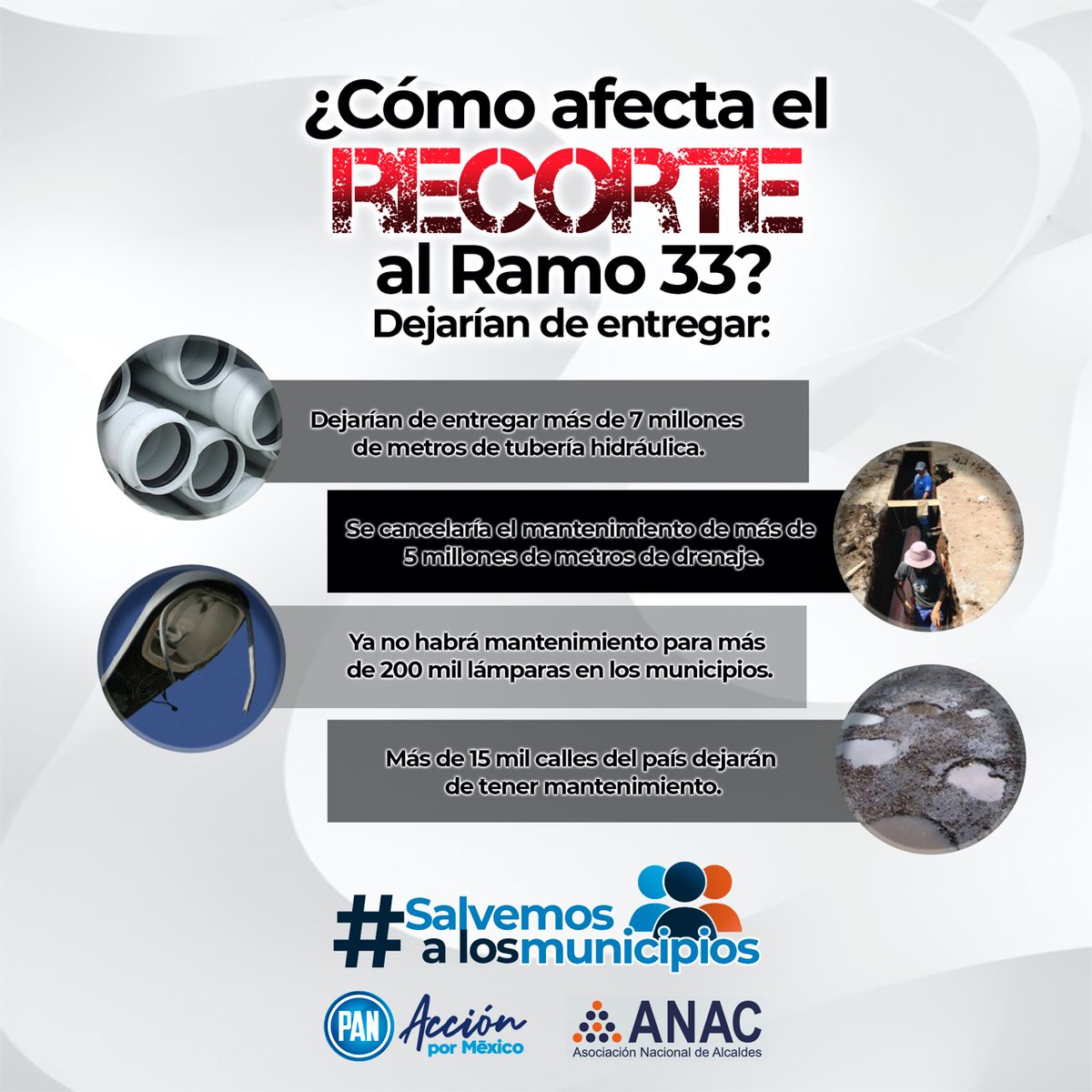 PTacambaro's tweet photo. #SalvemosALosMunicipios. 
Los servicios básicos de los mexicanos: luz, seguridad y tratamiento de aguas residuales, entre otros, se verán fuertemente disminuidos por los recortes al Ramo 33 que impulsa @lopezobrador_ https://t.co/TpPIKng2zE