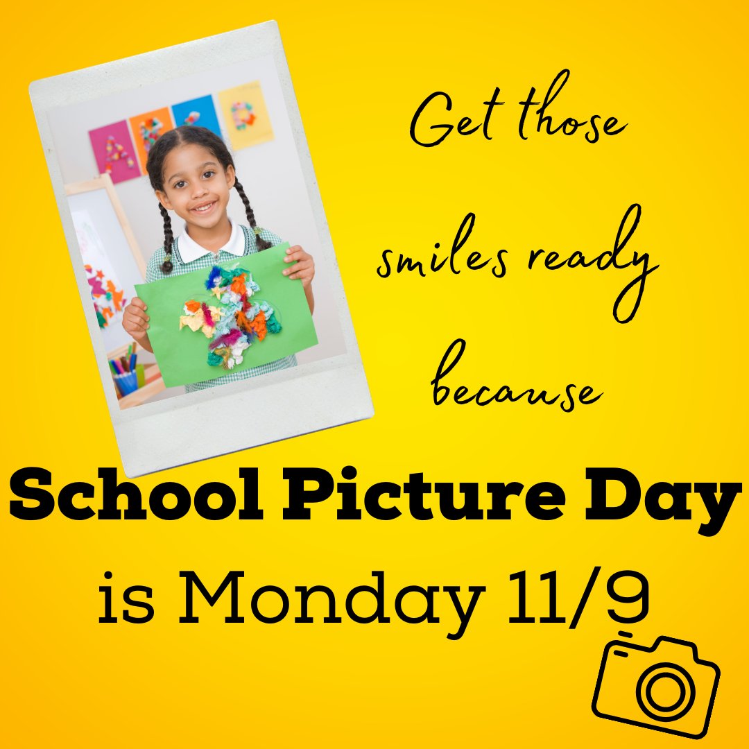 Mark your calendars and get your smiles ready because school pictures will be Monday, 11/9!