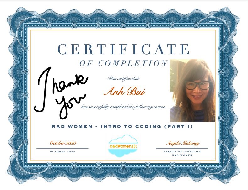 buiforce's tweet photo. My coding journey has just begun! Thank you @RADWomenCode and classmates. #radgrad https://t.co/asZWacwhLP