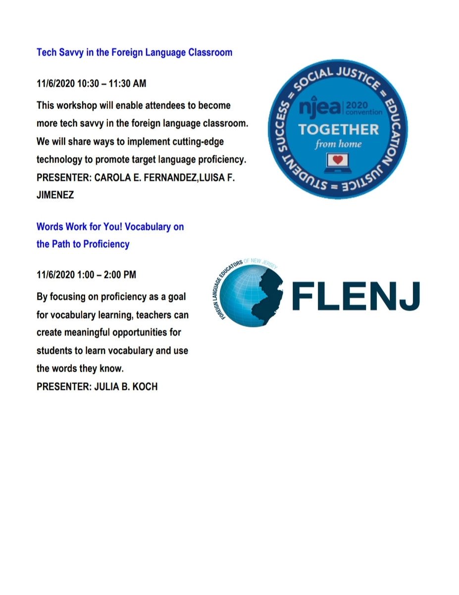 FLENJ's tweet photo. NJEA REMOTE CONVENTION, November 5-6, 2020! FLENJ SPONSORED SESSIONS: @FLENJ & @NJEA… STRONGER TOGETHER!
FLENJ is sponsoring several workshops this year at the virtual NJEA Convention. Join us for these sessions at no cost if you belong to NJEA! Register:
https://t.co/NKEdAfucJj https://t.co/gm1TJoL3F8