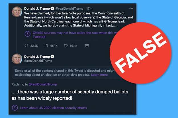 10. The US president is lying about winning Pennsylvania and repeated disinformation about “secretly dumped ballots.”Twitter applied warning labels.More: https://www.buzzfeednews.com/article/janelytvynenko/election-rumors-debunked#125902386