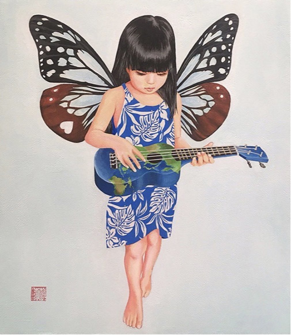 左右田薫 天国の青い蝶 Acrylic On Canvas Size F50 1167mm 910mm 脳腫瘍で余命数ヵ月と診断された少年が南米に生息する 世界でもっとも美しいチョウ を見たいと願い余命僅かと知りながらジャンルへ入り蝶を探す実話を元に制作 T Co