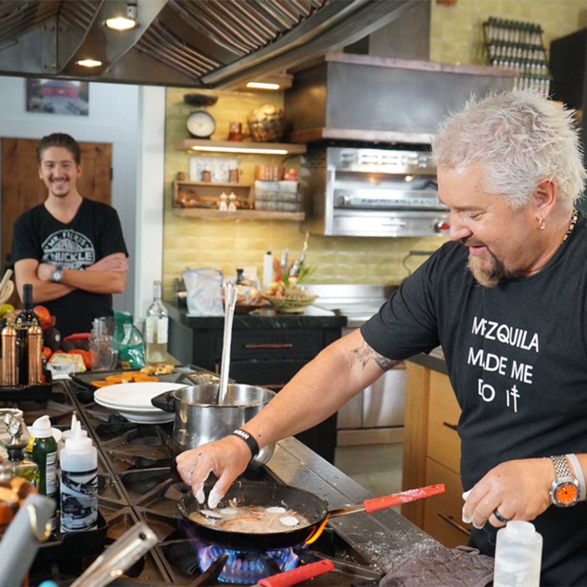 GuyFieri's tweet photo. Could have sworn it was called #GuysGroceryGames, but I guess @HunterFieri is makin' the rules around here now! 😂 Hunter has me cookin' tonight, you're not gunna wanna miss this! https://t.co/SlxzYMWSgp