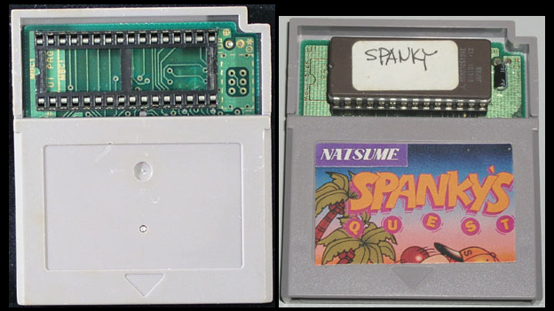 So like a development copy of a video game cartridge would usually include an EPROM, like this copy of Spanky's Quest for the Game Boy. The developer would burn a copy of the game to the EPROM, test it, and then they'd erase it using a UV eraser.