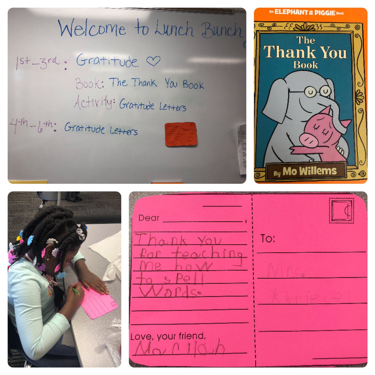 MRELunchBunch's tweet photo. This week we’re discussing Gratitude! Feeling thankful for the special people at MRE who make us feel supported and loved. We spent time creating postcards to tell them just how we feel!  #teamMRE https://t.co/W4fPKeH4bJ