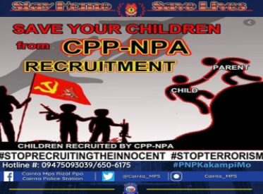 Cainta_MPS's tweet photo. SAVE YOUR CHILDREN FROM
 CPP- NPA NDF RECRUITMENT 
#PNPPATROLPIan2030
#INSTITUTIONALIZED
#TeamPNP
#WeServeAndProtect
#PNPKakampiMo
#TeamCALABARZON
#PNP4A
#TatakManongEnteng https://t.co/bAokExmlFt